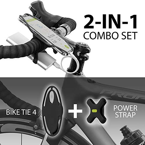 Bone Collection Bike Tie 4 & Power Strap, 2-en-1 Soporte móvil Bici para Teléfonos y Power Bank (Not Incl.) Pantallas de 4.7” - 7.2”, Compatible con Face ID, Soporte para Manillar de Bicicleta