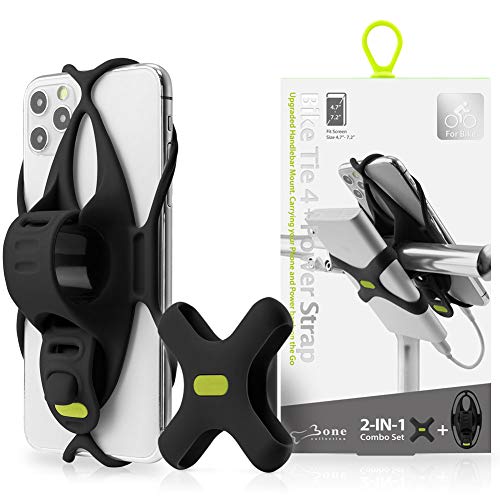 Bone Collection Bike Tie 4 & Power Strap, 2-en-1 Soporte móvil Bici para Teléfonos y Power Bank (Not Incl.) Pantallas de 4.7” - 7.2”, Compatible con Face ID, Soporte para Manillar de Bicicleta