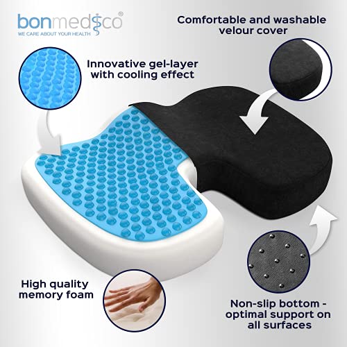 bonmedico Orthopedic Seat Cushion with Gel-Layer, Memory Foam Cushion for Coccyx Pain Relief, Pressure Relief e.g. bedsores. For Car Seat, Office Chair or Wheelchair, Large