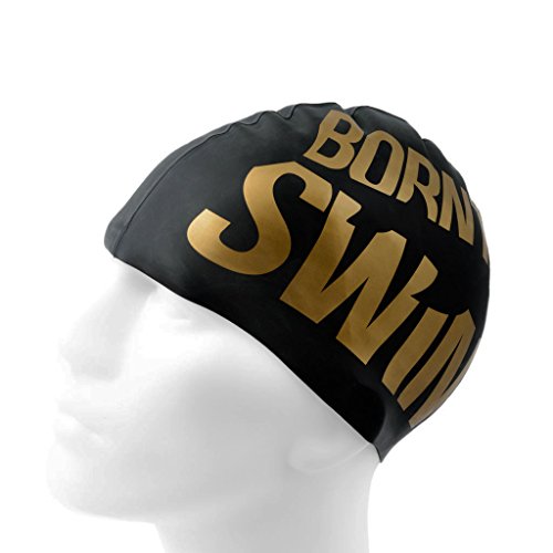 Bormioli nto Swim – Gorro de natación de Silicona para niños, Hombre, Mujer Jóvenes y Adultos Gorro de baño con tiburón Diseños, Todo el año, Unisex, Color Schwarz/Golden, tamaño Medium