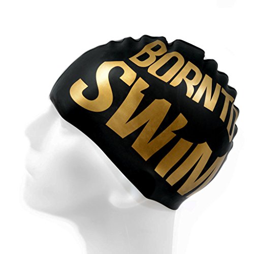 Bormioli nto Swim – Gorro de natación de Silicona para niños, Hombre, Mujer Jóvenes y Adultos Gorro de baño con tiburón Diseños, Todo el año, Unisex, Color Schwarz/Golden, tamaño Medium