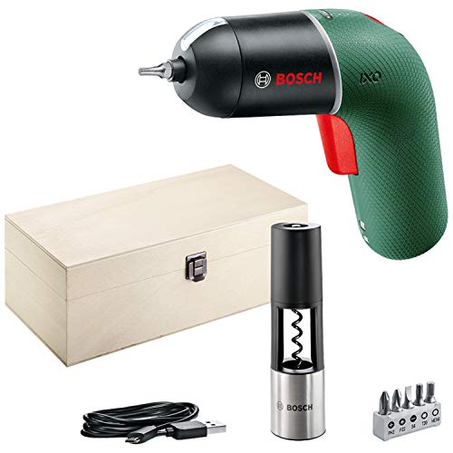 Bosch atornillador a batería IXO Vino Set 6a generación, verde, con accesorio abrebotellas IXO, recargable con cable micro-USB, CONTROL DE VELOCIDAD variable, en caja de madera de adecuada calidad