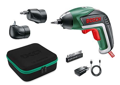 Bosch IXO Set Atornillador a batería Accesorios angular y excéntrico, 10 puntas para atornillar, cargador USB, estuche de espuma, 3.6 V, 1.5 Ah