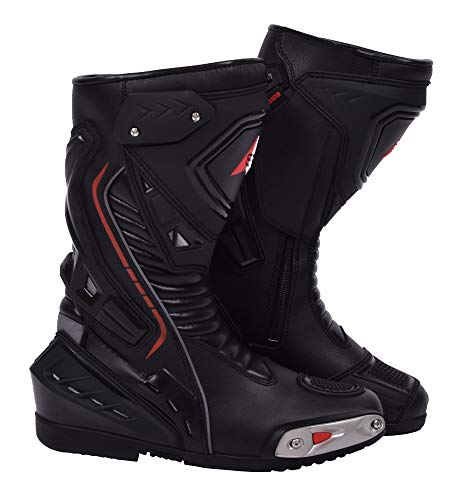 Botas de moto Hombre, botas de cuero deportivas, impermeables, de cuero, protectores rígidos integrados estables, con protección de tobillo, negro - 43
