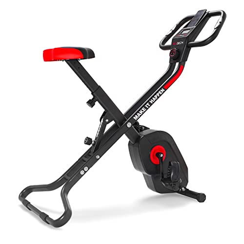 Boudech - Bicicleta estática magnética plegable para casa, fitness, cardio o gimnasio, asiento acolchado con respaldo para postura correcta
