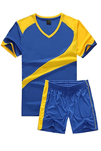 BOZEVON Hombres Niño Trajes de Fútbol Ropa Deportiva Conjunto de Camiseta y Pantalones Cortos Traje de Competencia de Entrenamiento Deportivo, Azul/XL-Hombres