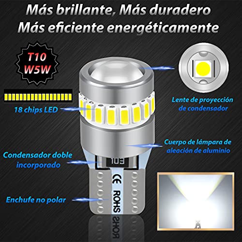Briteye T10 LED Bombillas W5W 12V 6000K Blanco Para Coches Luces De La Matrícula Posición Laterales Iluminación Interior Luces Laterales (2PCS)