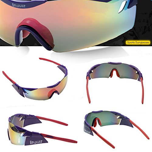 Brosaur Gafas de Sol de Bicicleta de montaña Highway Gafas Gafas Gafas de Sol de Bicicleta, 3 Lentes Intercambiables (Rojo)