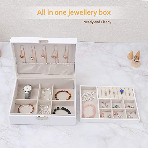 Caja Joyero Caja de Joyas con Cerradura,2 Niveles Grande Joyeros Mujer Organizador para Guardar Joyas,Pendientes,Pulseras,Anillos y Collares(Blanco)