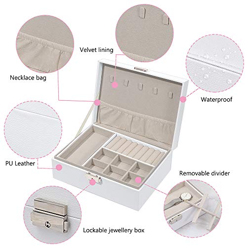 Caja Joyero Caja de Joyas con Cerradura,2 Niveles Grande Joyeros Mujer Organizador para Guardar Joyas,Pendientes,Pulseras,Anillos y Collares(Blanco)