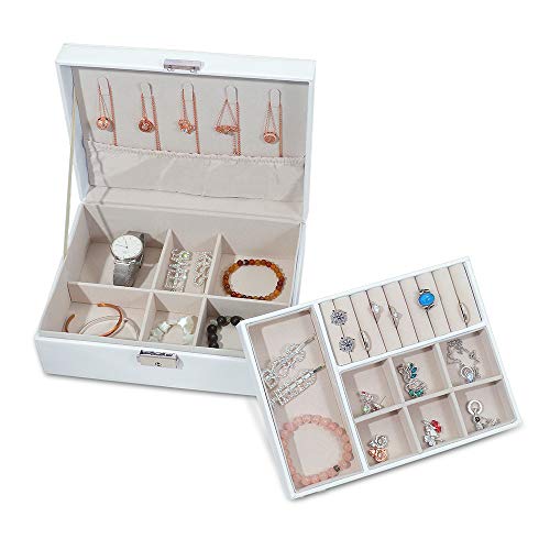 Caja Joyero Caja de Joyas con Cerradura,2 Niveles Grande Joyeros Mujer Organizador para Guardar Joyas,Pendientes,Pulseras,Anillos y Collares(Blanco)