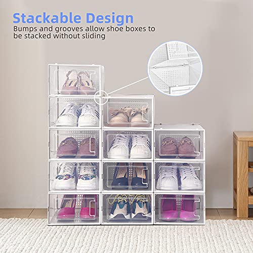 Cajas de Zapatos, Paquete de 12 Cajas de Almacenamiento de Zapatos Transparentes, Cajas para Zapatos de Plástico Plegable, 33×23×14 cm por Casillero, para Zapatos, Tacones Altos, Zapatillas de Deporte