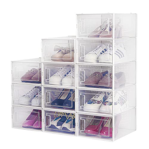 Cajas de Zapatos, Paquete de 12 Cajas de Almacenamiento de Zapatos Transparentes, Cajas para Zapatos de Plástico Plegable, 33×23×14 cm por Casillero, para Zapatos, Tacones Altos, Zapatillas de Deporte