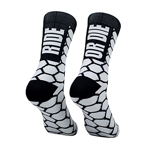 Calcetines de ciclismo compresivos con refuerzo en prepuntera. Edición limitada. (RIDE OR DIE Blanco, 37-39)