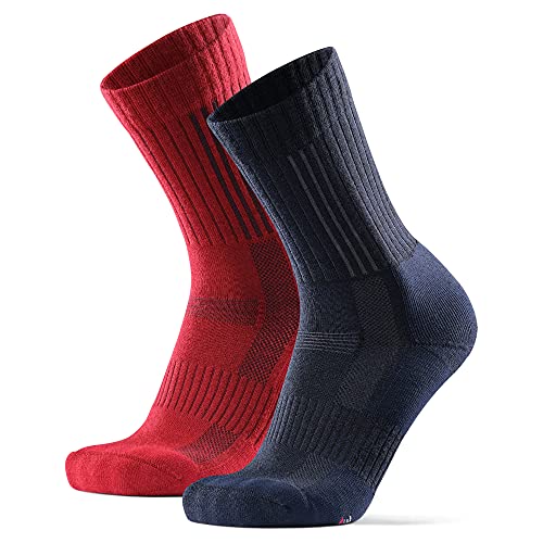 Calcetines Premium de Senderismo de Lana Merino, para Hombres y Mujeres, Anti-ampollas, Acolchados, Absorben el sudor, Multipack, negro, gris, 2 pares (Multicolor: 1 x Azul Marino, 1 x Rojo, EU 43-47)