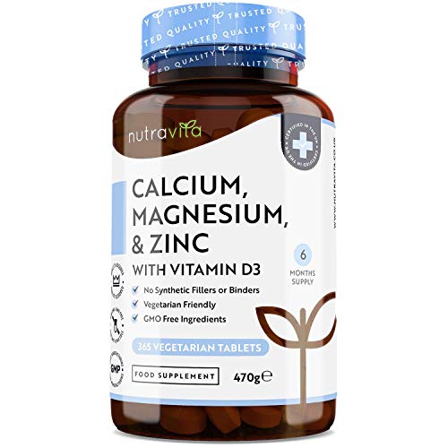 Calcio 800mg, Magnesio 360mg, Zinc y Vit D - 365 Tabletas Vegetarianas (6 Meses) - Para mantenimiento de Huesos, sistema inmunológico, función muscular normal y fatiga reducida - Hecho en Europe