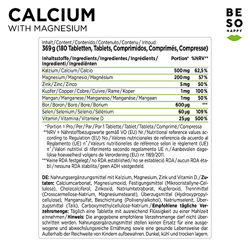 Calcio con Magnesio, Zinc y Vitamina D Suplemento | 180 Comprimidos de Alta Dosis | Suministro para 6 Meses | Vegano y Sin Gluten | Controlado y Probado en Laboratorio en Alemania | BeSoHappy®