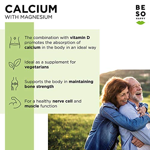 Calcio con Magnesio, Zinc y Vitamina D Suplemento | 180 Comprimidos de Alta Dosis | Suministro para 6 Meses | Vegano y Sin Gluten | Controlado y Probado en Laboratorio en Alemania | BeSoHappy®