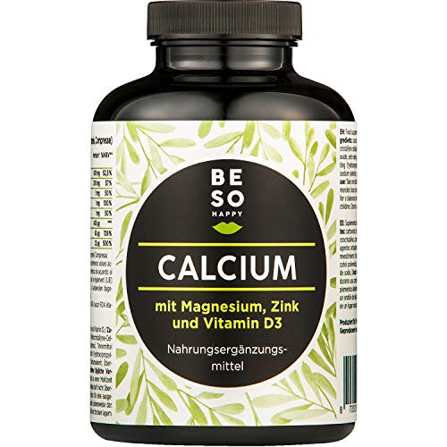 Calcio con Magnesio, Zinc y Vitamina D Suplemento | 180 Comprimidos de Alta Dosis | Suministro para 6 Meses | Vegano y Sin Gluten | Controlado y Probado en Laboratorio en Alemania | BeSoHappy®