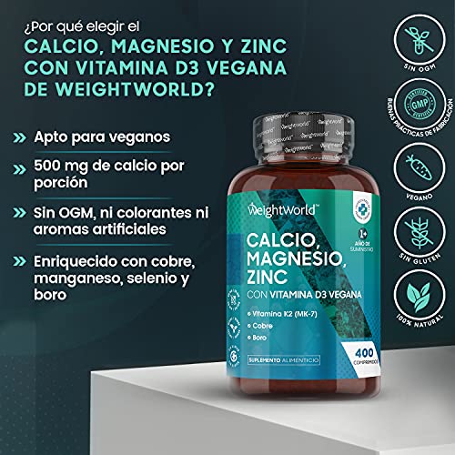 Calcio, Magnesio, Zinc y Vitamina D3 Vegana Dosis Alta 400 Comprimidos, para más de 1 Año - Suplemento de Calcio de Alta Absorción, Enriquecido con Selenio, Vitamina k2, Manganeso, Boro y Cobre