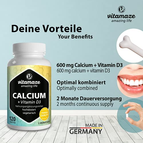 Calcio + Vitamina D3 Dosis Alta, 600 mg de Carbonato de Calcio + 400 IU de Colecalciferol por Dosis Diaria, 120 Tabletas Vegetarianas durante 2 Meses, Suplemento Alimenticio Orgánico sin Aditivos