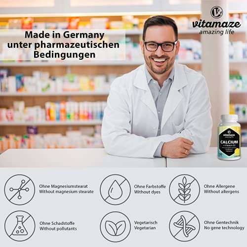 Calcio + Vitamina D3 Dosis Alta, 600 mg de Carbonato de Calcio + 400 IU de Colecalciferol por Dosis Diaria, 120 Tabletas Vegetarianas durante 2 Meses, Suplemento Alimenticio Orgánico sin Aditivos