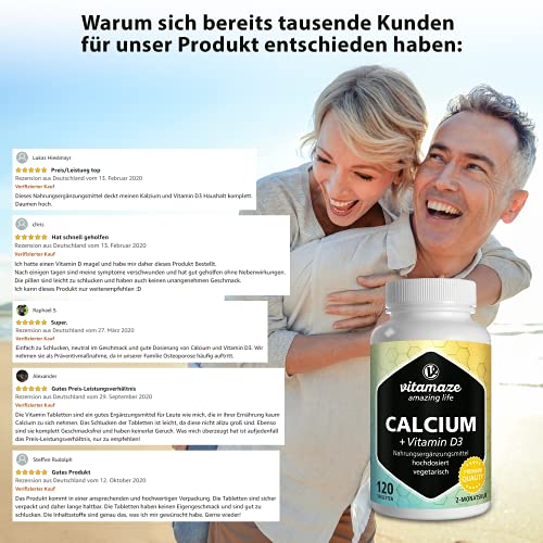 Calcio + Vitamina D3 Dosis Alta, 600 mg de Carbonato de Calcio + 400 IU de Colecalciferol por Dosis Diaria, 120 Tabletas Vegetarianas durante 2 Meses, Suplemento Alimenticio Orgánico sin Aditivos