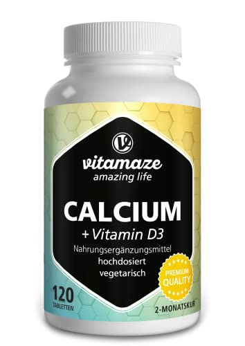 Calcio + Vitamina D3 Dosis Alta, 600 mg de Carbonato de Calcio + 400 IU de Colecalciferol por Dosis Diaria, 120 Tabletas Vegetarianas durante 2 Meses, Suplemento Alimenticio Orgánico sin Aditivos