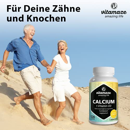 Calcio + Vitamina D3 Dosis Alta, 600 mg de Carbonato de Calcio + 400 IU de Colecalciferol por Dosis Diaria, 120 Tabletas Vegetarianas durante 2 Meses, Suplemento Alimenticio Orgánico sin Aditivos