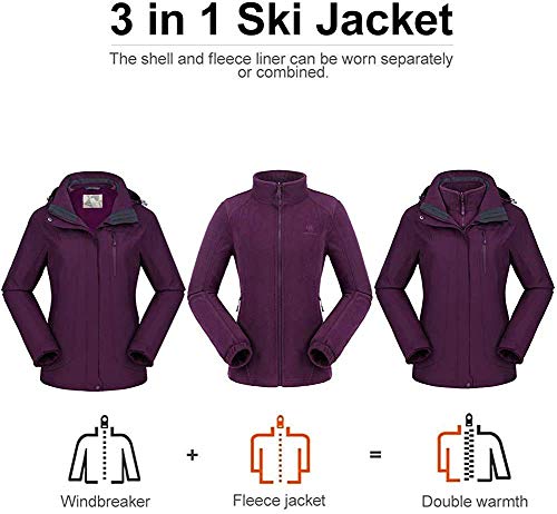 CAMEL CROWN 3 en 1 Chaqueta de Esquí Impermeable para Mujer con Forro Polar Chaqueta A Prueba de Viento con Capucha y Bolsillos para Senderismo Montaña Cámping Viajes Snowboard Deportes Caminar