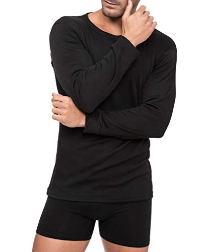Camiseta Interior Térmica Algodón Manga Larga Hombre Cuello Redondo Colores Lisos (Negro, XL)