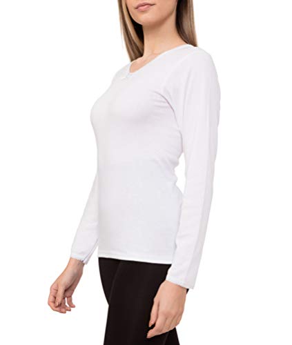 Camiseta Interior Térmica Algodón Manga Larga Mujer Cuello de Pico Color Liso (Blanco, XL)