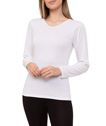 Camiseta Interior Térmica Algodón Manga Larga Mujer Cuello de Pico Color Liso (Blanco, XL)