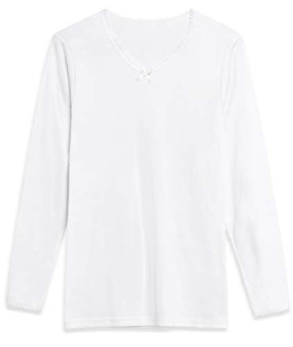 Camiseta Interior Térmica Algodón Manga Larga Mujer Cuello de Pico Color Liso (Blanco, XL)