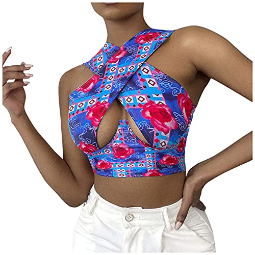 Camiseta sin Mangas para Mujer, Moda Y2K Crop Top Camisetas de Tirantes Tirantes Chaleco sin Mangas con Cuello Halter y Corte Corto hacia Fuera Las Inferior Informal de Color Sólido(B Multicolor,L)