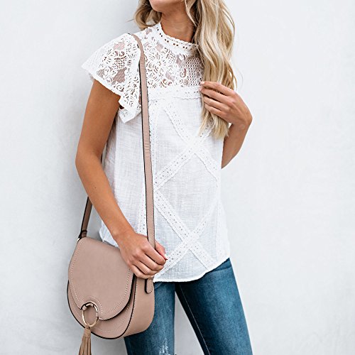 Camisetas Mujer SHOBDW Dia de la Mujer Verano Patchwork De Encaje Casual Ahuecar Volantes Manga Corta Suéter De Cuello De Tortuga Linda Blusa Floral Camiseta Blanca para Mujer (XXL, A-Blanco)