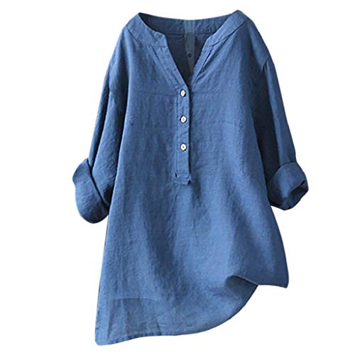 Camisetas Mujer Tallas Grandes Heavy SHOBDW Camisa De Manga Larga con Cuello Alto Blusa Casual Botones con Botones Túnica Suelta Camiseta Solid para Mujer(Azul,3XL)