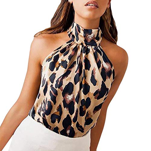 Camisetas sin Mangas Mujer SHOBDW Playa De Verano Estampado De Leopardo Cuello Halter Camisas De Chaleco Club Fuera del Hombro Blusa De Las Señoras Fiesta Nocturna Cami Tops para Mujeres(Caqui,M)