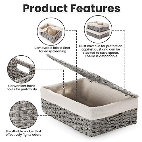 Canasta de Mimbre de imitación con Tapa Juego de 3, Cesta Almacenamiento con Forro extraíble, Caja Organizadora Decorativo para Toallas baño,Cocina o Decoración del Hogar-Gris