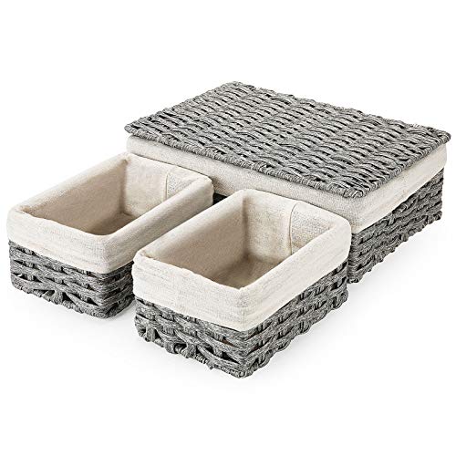 Canasta de Mimbre de imitación con Tapa Juego de 3, Cesta Almacenamiento con Forro extraíble, Caja Organizadora Decorativo para Toallas baño,Cocina o Decoración del Hogar-Gris