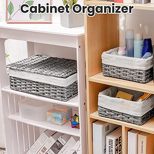 Canasta de Mimbre de imitación con Tapa Juego de 3, Cesta Almacenamiento con Forro extraíble, Caja Organizadora Decorativo para Toallas baño,Cocina o Decoración del Hogar-Gris