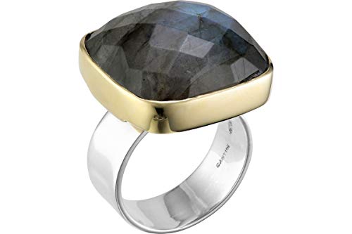 Canyon Bijoux - Anillo cuadrado de plata 925, dorado, labradorita, 12,5 g, T56