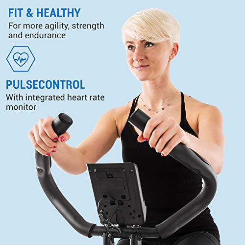 Capital Sports Azura Air - Bicicleta estatica de cardio plegable, Computador de entrenamiento, Pulsómetro, Bici estática sillín ergonómico, 7 niveles altura, Antideslizante, Pantalla LCD, Azul