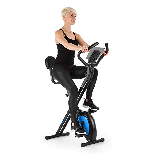 Capital Sports Azura Air - Bicicleta estatica de cardio plegable, Computador de entrenamiento, Pulsómetro, Bici estática sillín ergonómico, 7 niveles altura, Antideslizante, Pantalla LCD, Azul