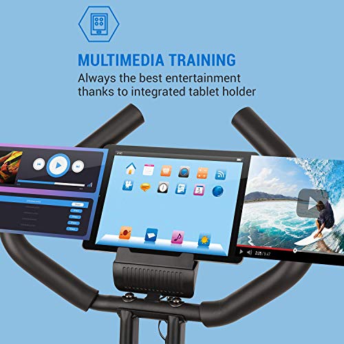 Capital Sports Azura Air - Bicicleta estatica de cardio plegable, Computador de entrenamiento, Pulsómetro, Bici estática sillín ergonómico, 7 niveles altura, Antideslizante, Pantalla LCD, Azul