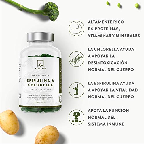 Cápsulas de Espirulina y Chlorella [1800 mg/Dosis Diaria] 200 Comprimidos - Fuente de Vitaminas, Proteínas, Hierro, Fitonutrientes y Calcio - 100% Vegano