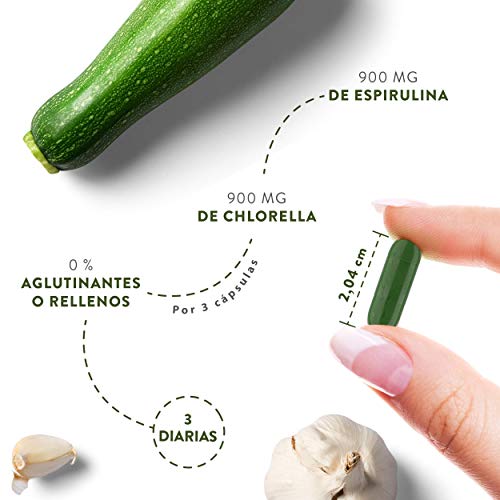 Cápsulas de Espirulina y Chlorella [1800 mg/Dosis Diaria] 200 Comprimidos - Fuente de Vitaminas, Proteínas, Hierro, Fitonutrientes y Calcio - 100% Vegano