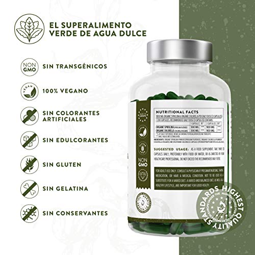 Cápsulas de Espirulina y Chlorella [1800 mg/Dosis Diaria] 200 Comprimidos - Fuente de Vitaminas, Proteínas, Hierro, Fitonutrientes y Calcio - 100% Vegano