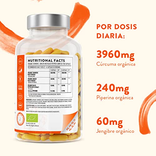 Cápsulas Orgánicas de Curcumina y Curcuma con Jengibre y Pimienta Negra [660-3960 mg de cúrcuma] por dosis diaria - Apoyo natural para las articulaciones y los huesos- Máxima Absorción - 180 Cápsulas