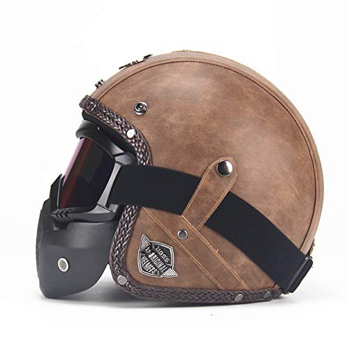 CARACHOME Casco Jet Moto Vintage con Máscara De Gafas Desmontables, Casco Integral A Prueba De Viento Y Arena, Casco Astronauta para Electrico Scooter Motocross Patinete,Brown,XL